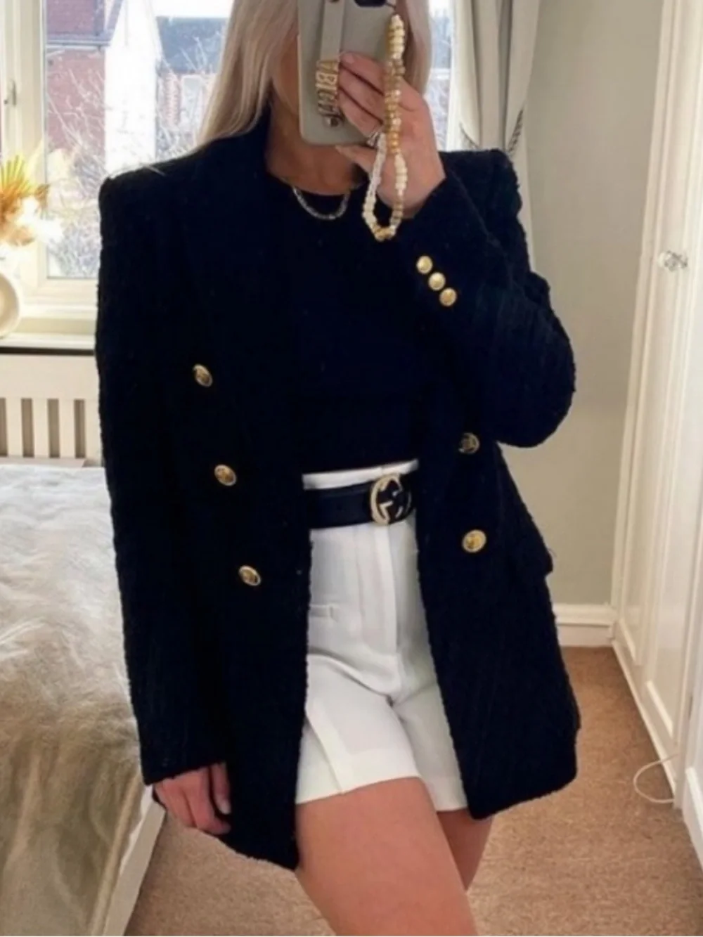 ZARA Tweed Textured Weave Double Breasted Blazer Black Gold Buttons Size Small